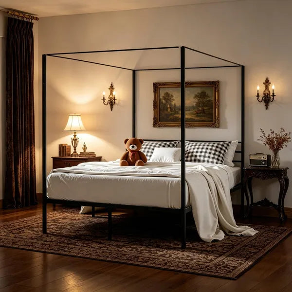 Sturdy Canopy Bed Frame with Storage Space - Metal Design