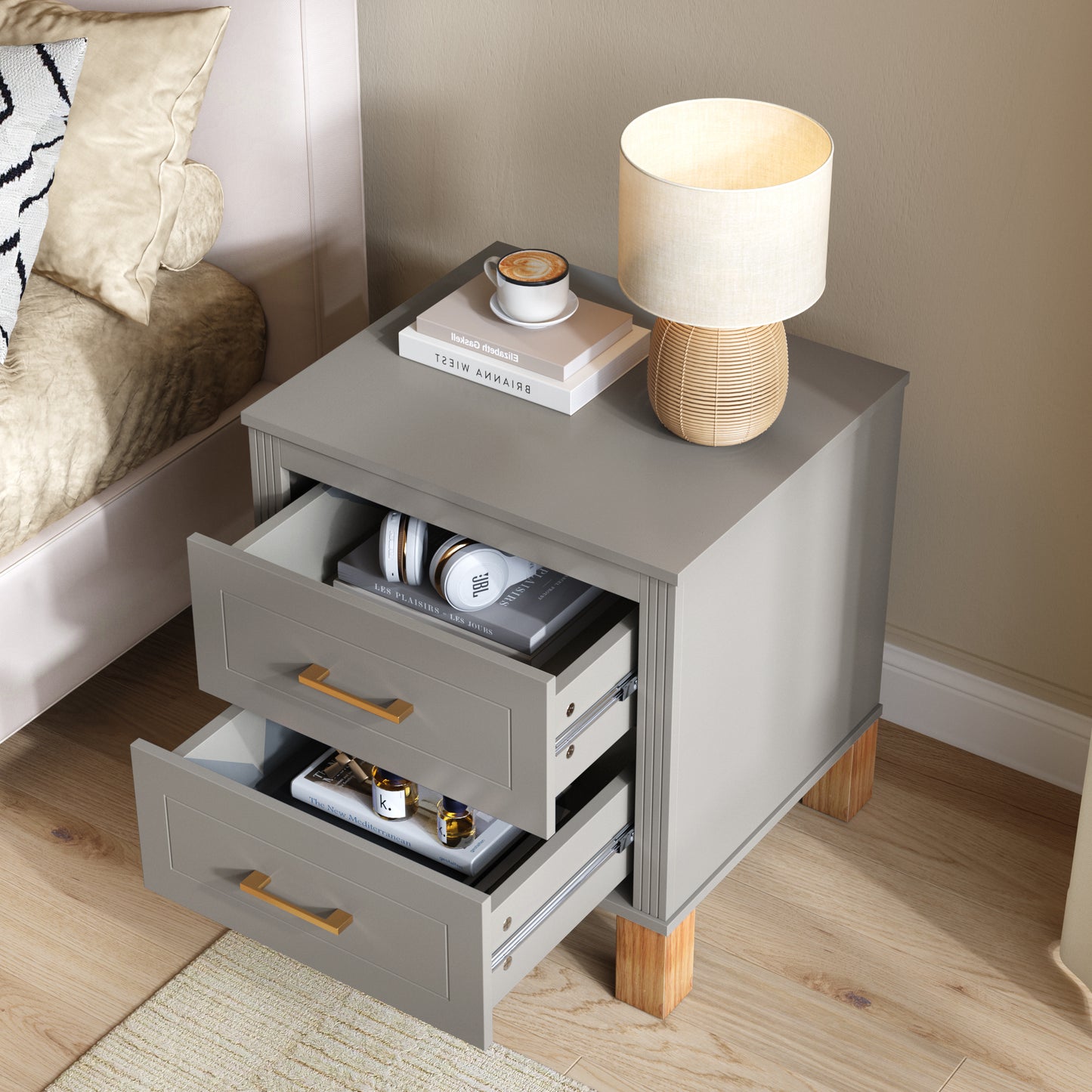 2 Drawer Nightstand with Elegant Fluted Design - Gray