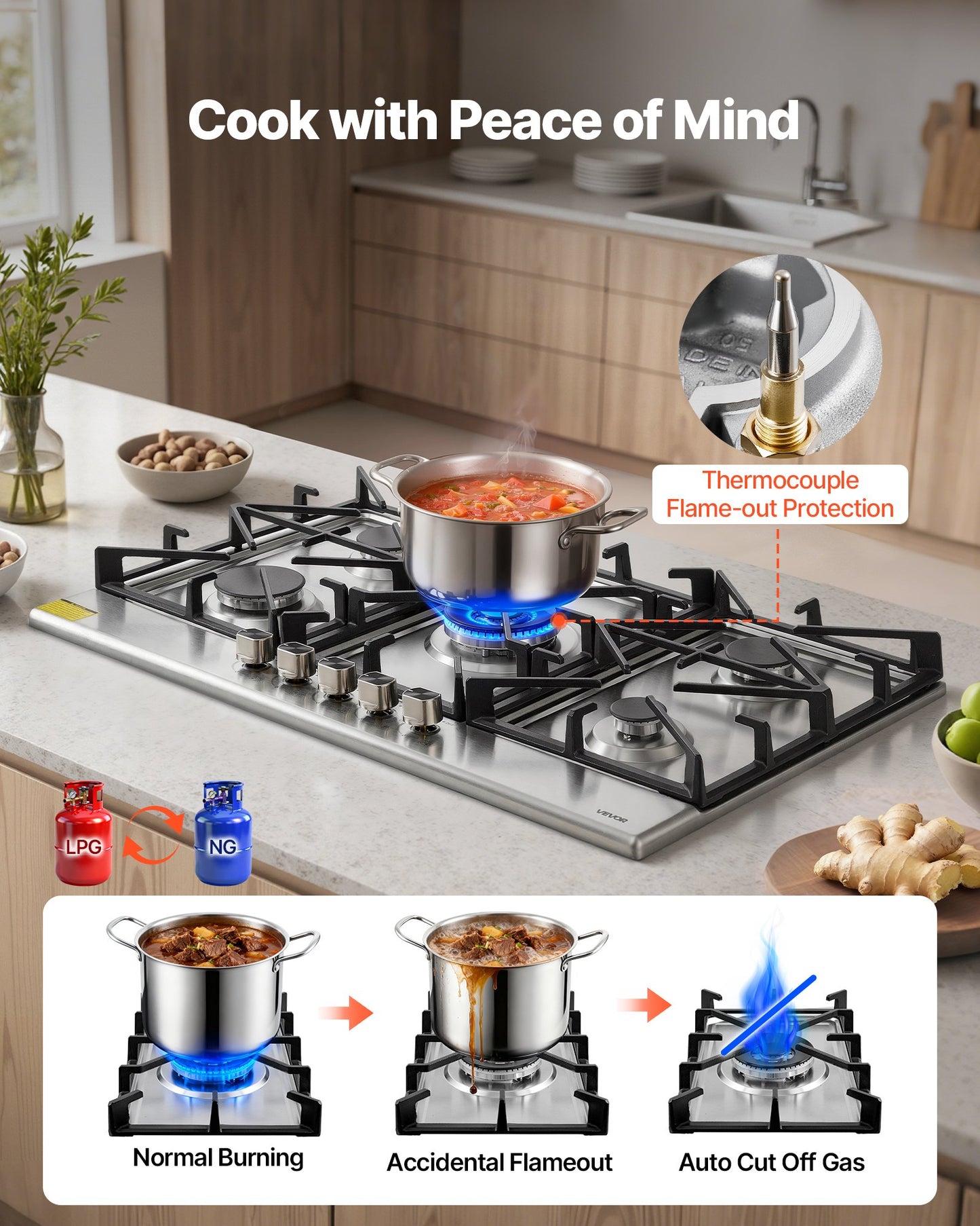 36 Inch Gas Cooktop with 5 Burners, Stainless Steel, 38300 BTU, Dual Fuel Ready