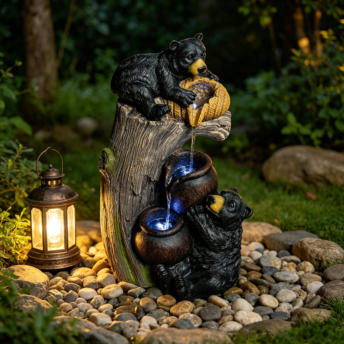 Bear Outdoor Water Fountain with LED Lights, Cascading Garden Decor, 23.6 Inches