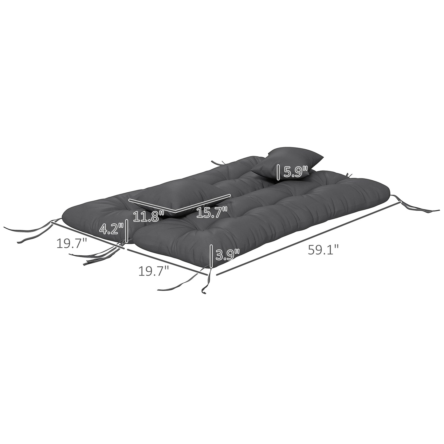 59" Tufted Outdoor Bench Cushion Set with Pillows - Charcoal Gray