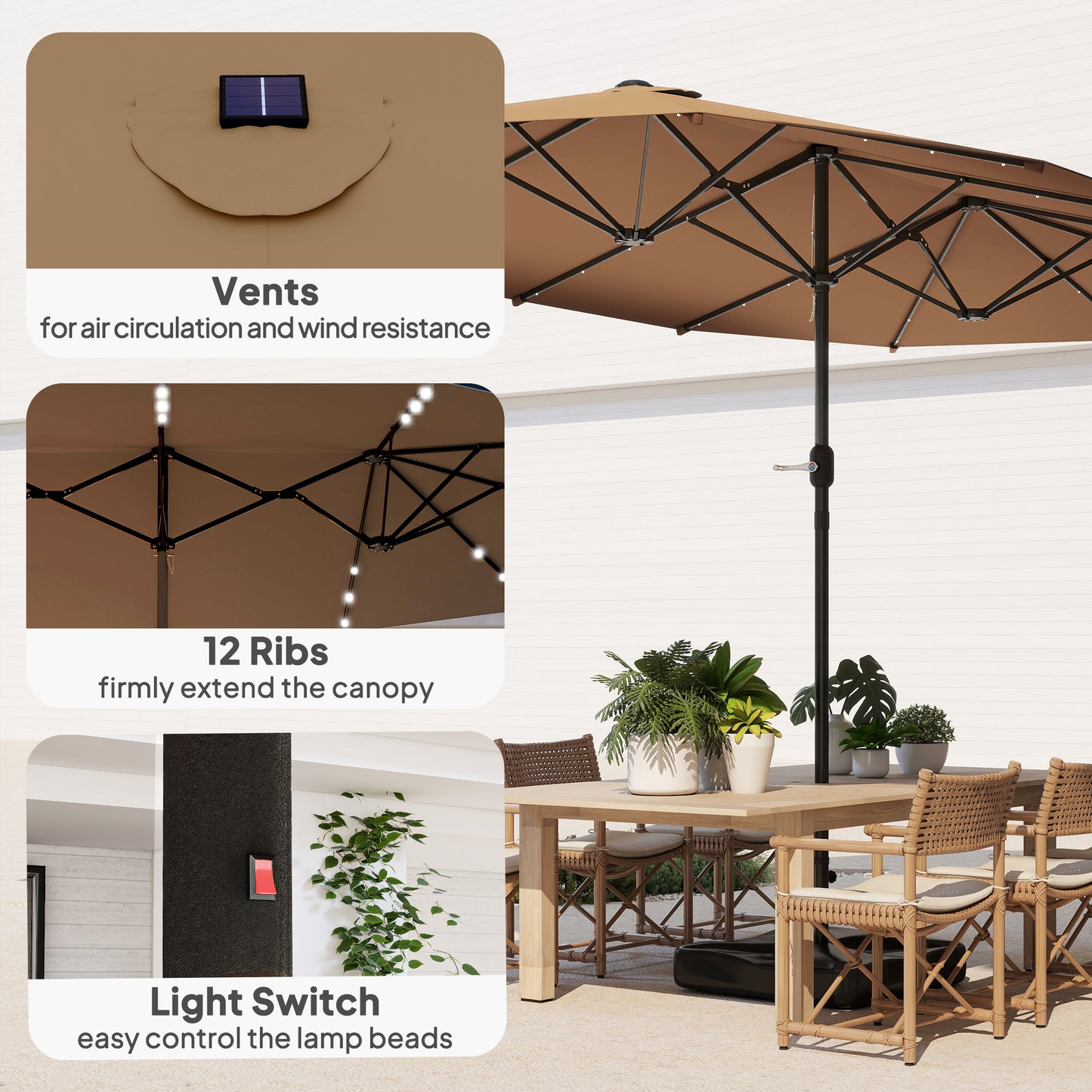 14.4 ft Double-Sided Garden Parasol with LED Solar Lights - Khaki