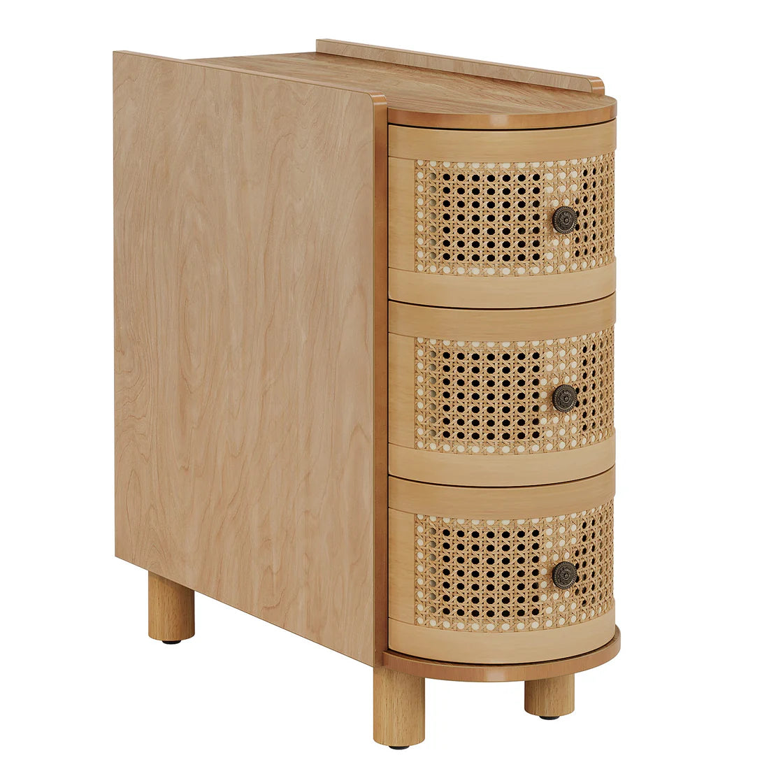Solid Wood Nightstand with Rattan Drawers - Oak Finish