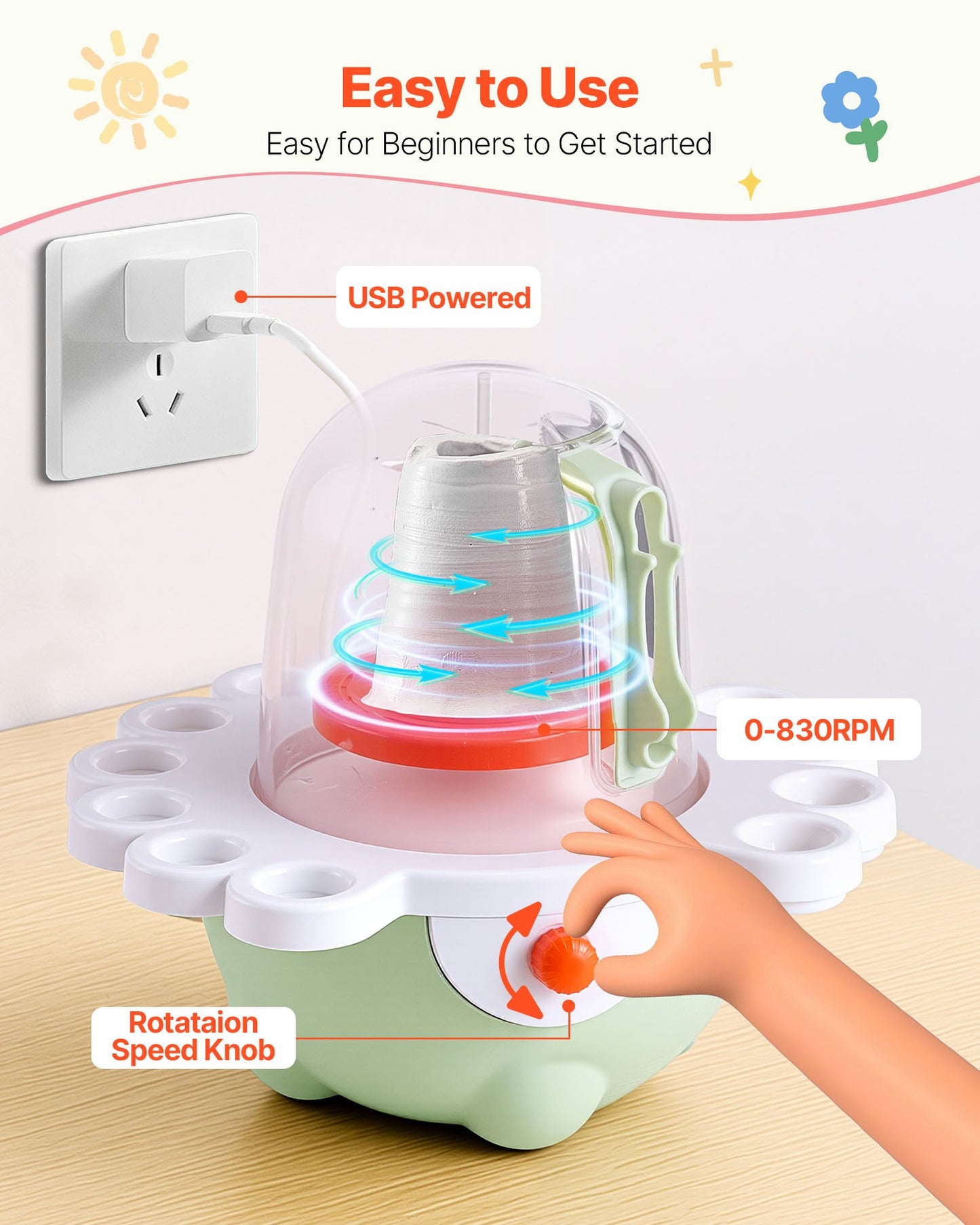 Electric Mini Pottery Wheel for Kids and Beginners - Adjustable Speed Clay Sculpting Set