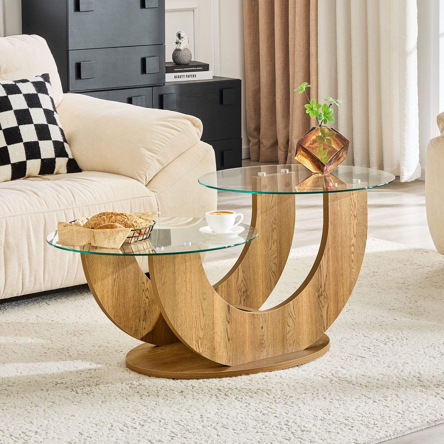 U-Shaped Double-Tier Glass Coffee Table with MDF Base