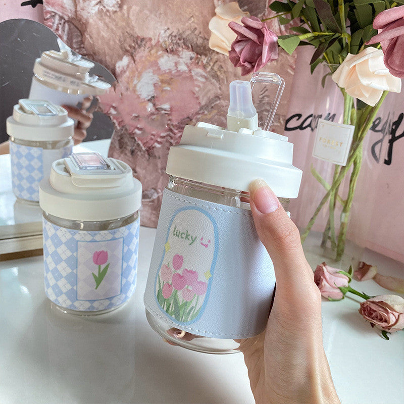 Creative Cute Portable Double Drink Glass - 420ml, Colorful Flower Designs