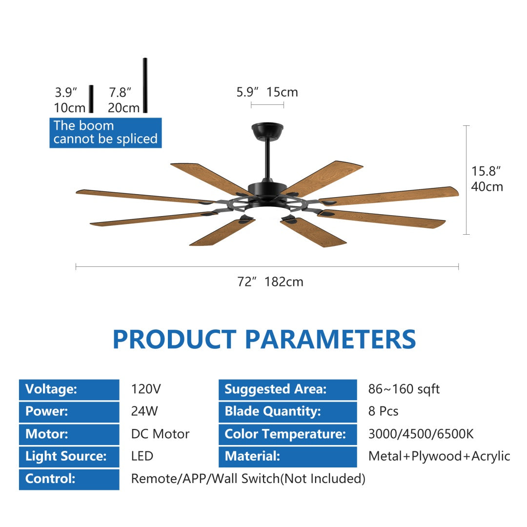 72-Inch Modern Ceiling Fan with LED Light - Black