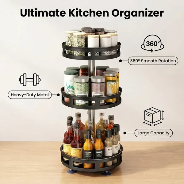 3-Tier Rotating Spice Rack Organizer – Carbon Steel 360° Metal