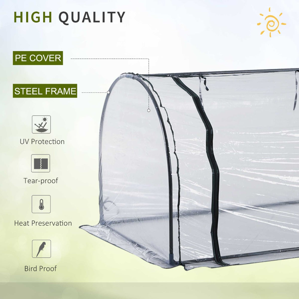 Tunnel Greenhouse Kit - PVC Cover with Steel Frame - Dark Green