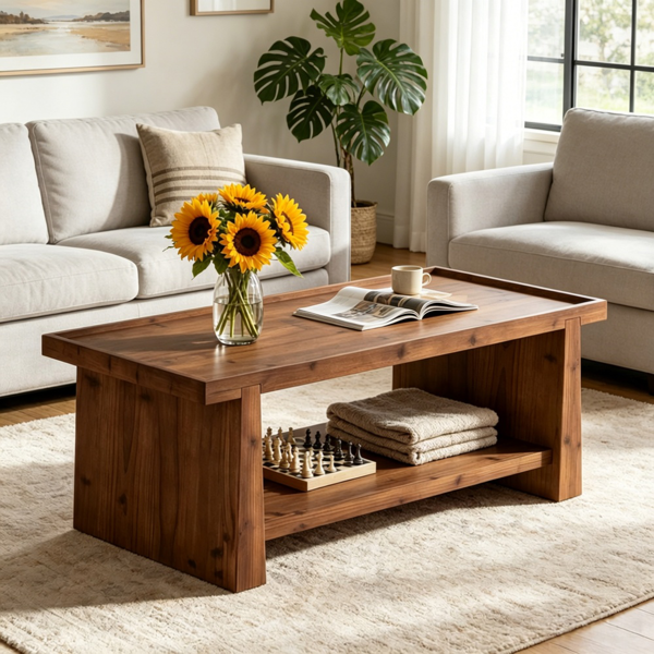 Solid Wood End Table with Two-Tier Storage - Rustic Design