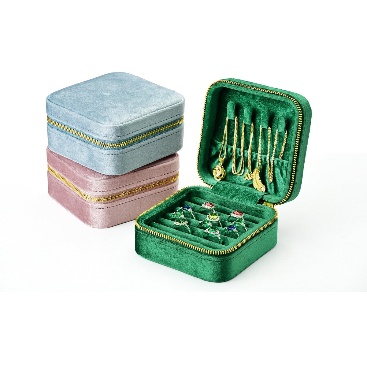 Portable Velvet Jewelry Storage Box for Rings and Necklaces - Multi-Compartment Gift Organizer