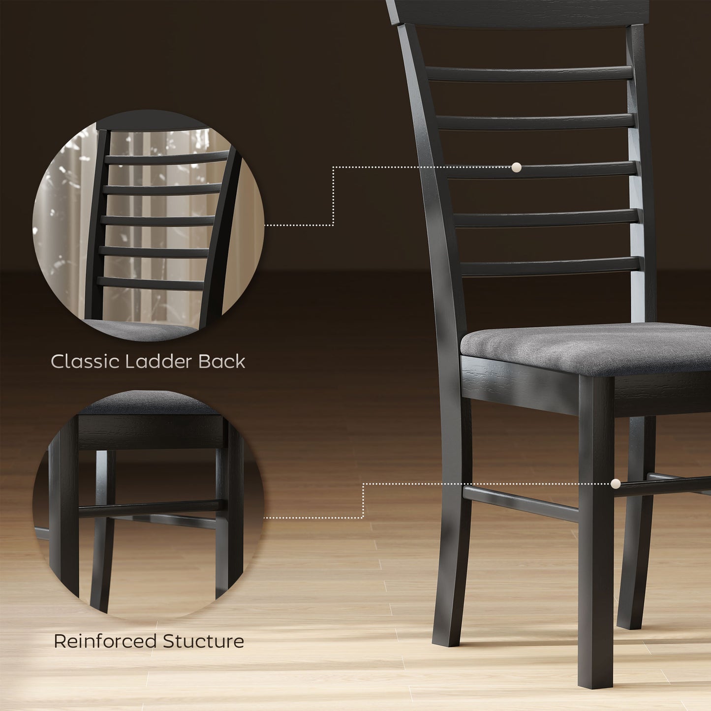 Set of 4 Farmhouse Dining Chairs - Upholstered Rubber Wood Frame in Black & Gray