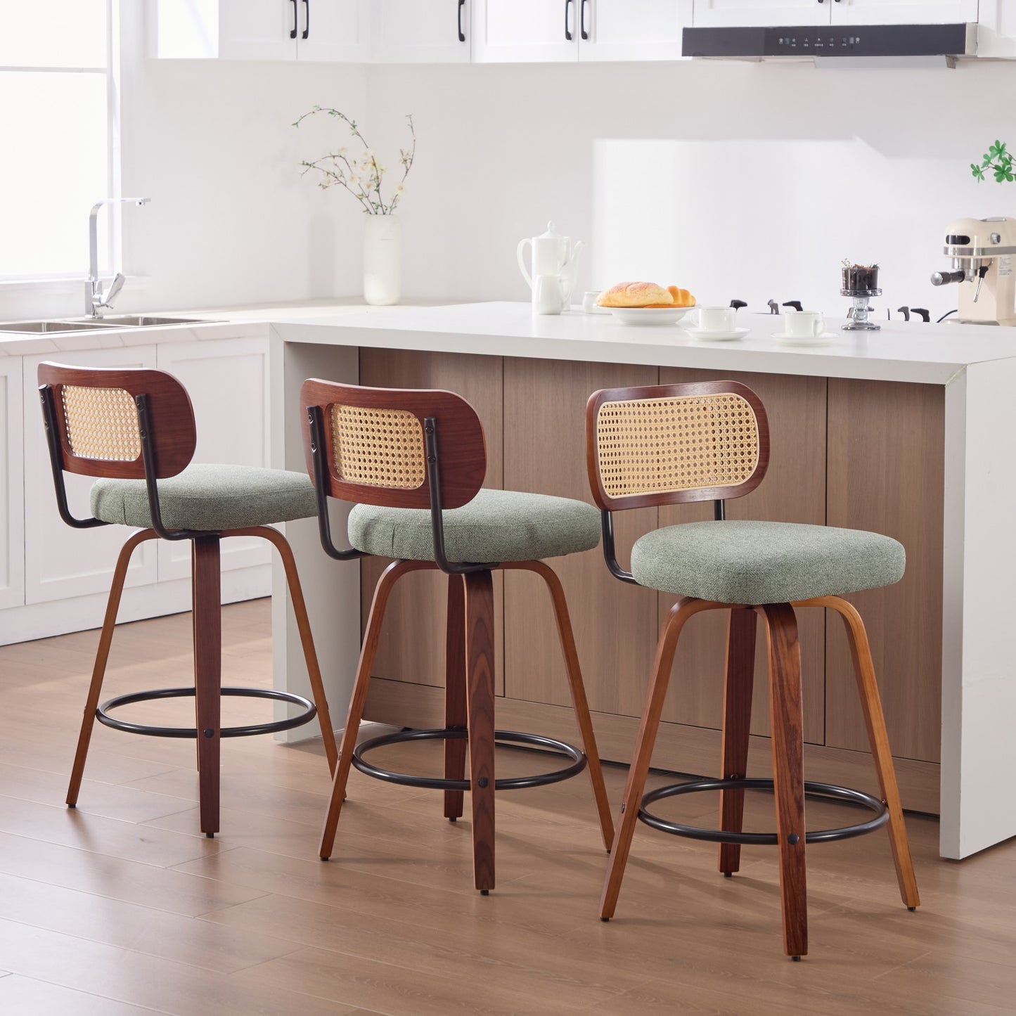 Set Of 3, 26-Inch Counter Height Bar Stools - Walnut Black, Cane