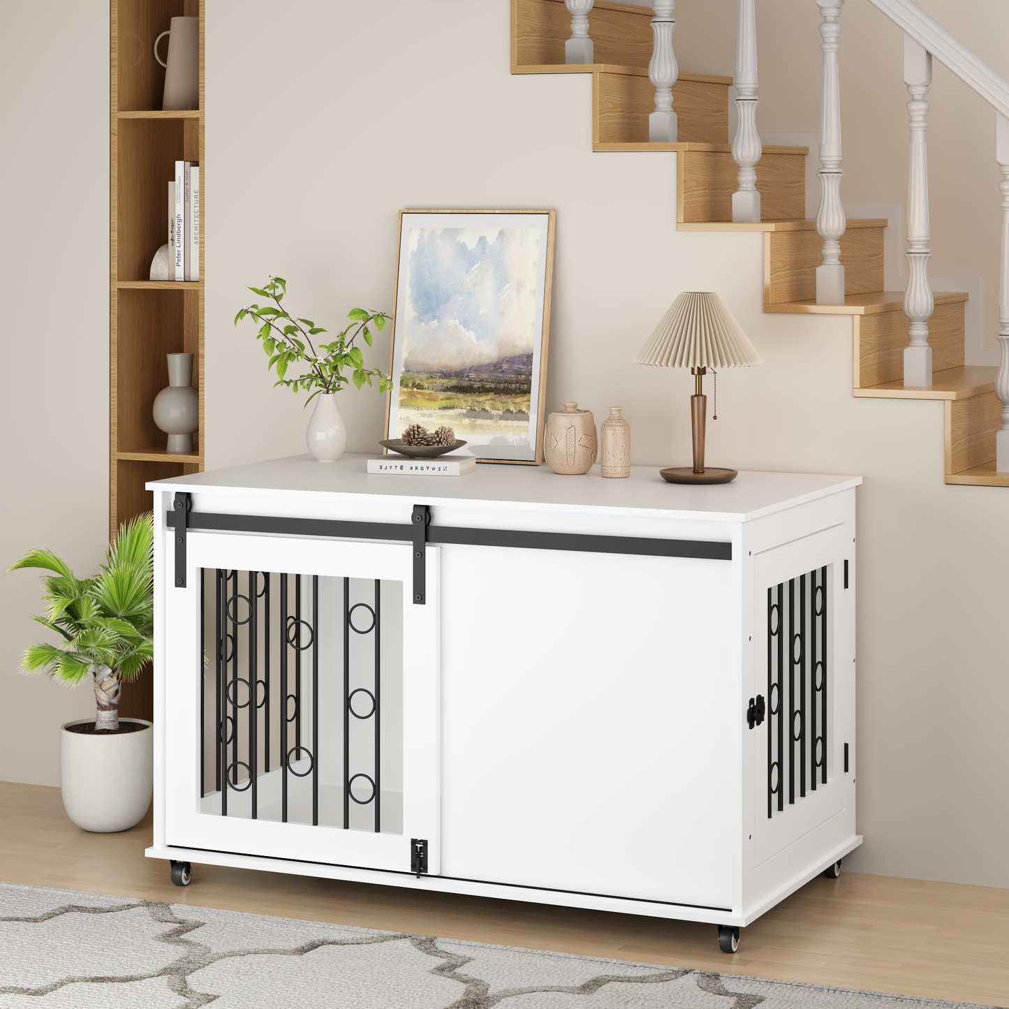 Modern Wooden Dog Crate with Sliding Barn Door – White