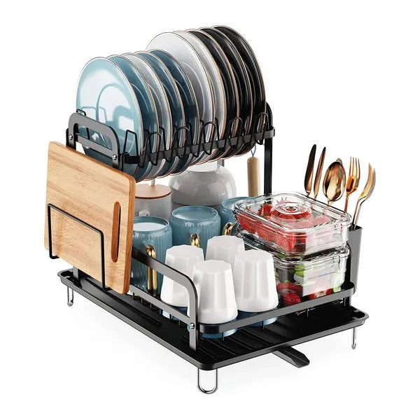 2-Tier Dish Drying Rack with Drainboard - Space Saving Black