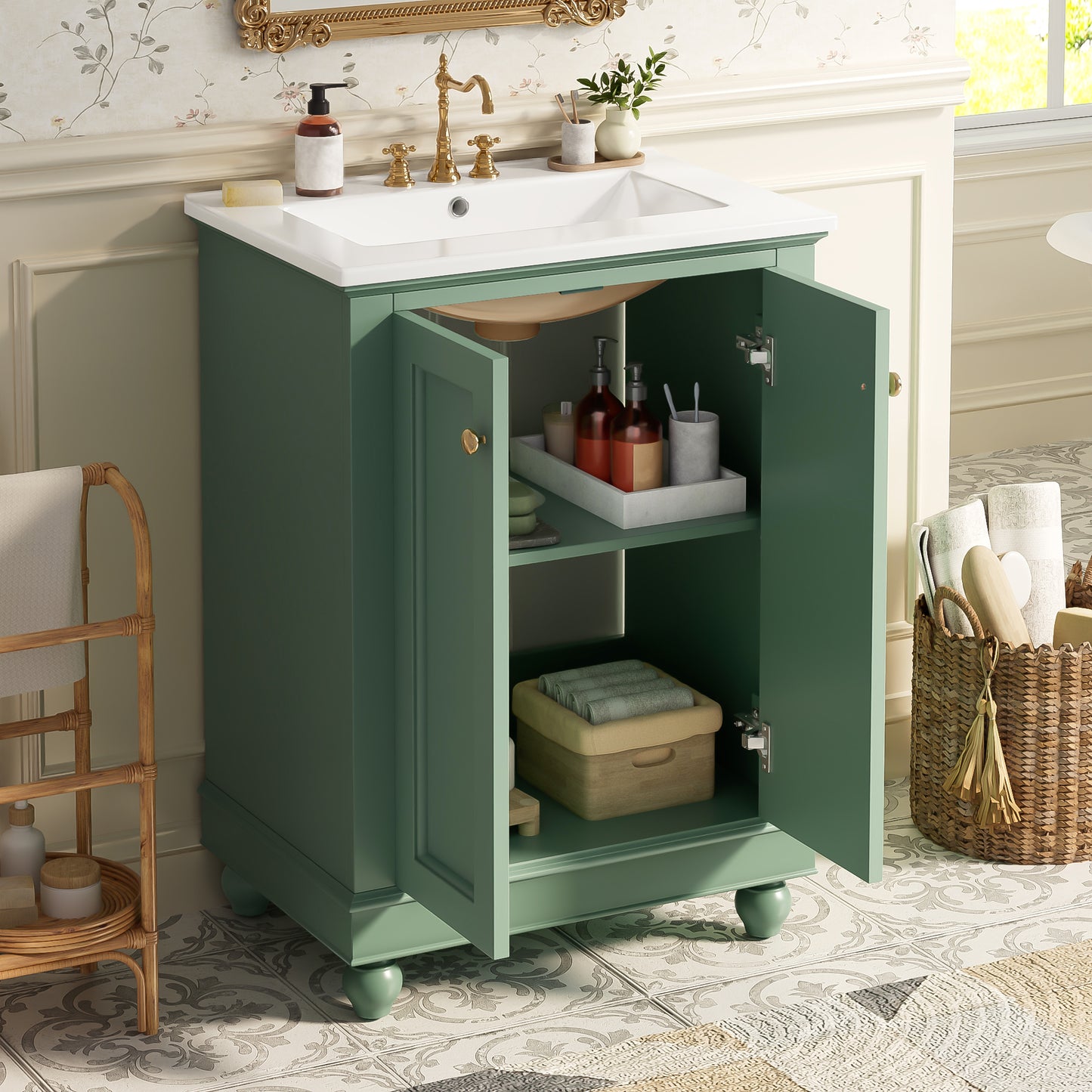 24 Inch Green Modern Bathroom Vanity Cabinet with Soft-Closing Storage