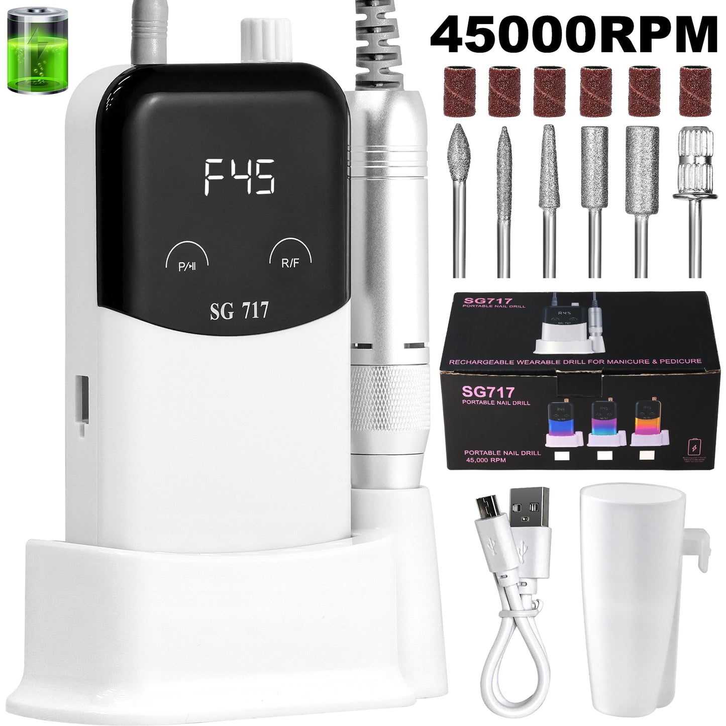 Professional 45000RPM Electric Nail Drill Kit - Rechargeable Portable E-File