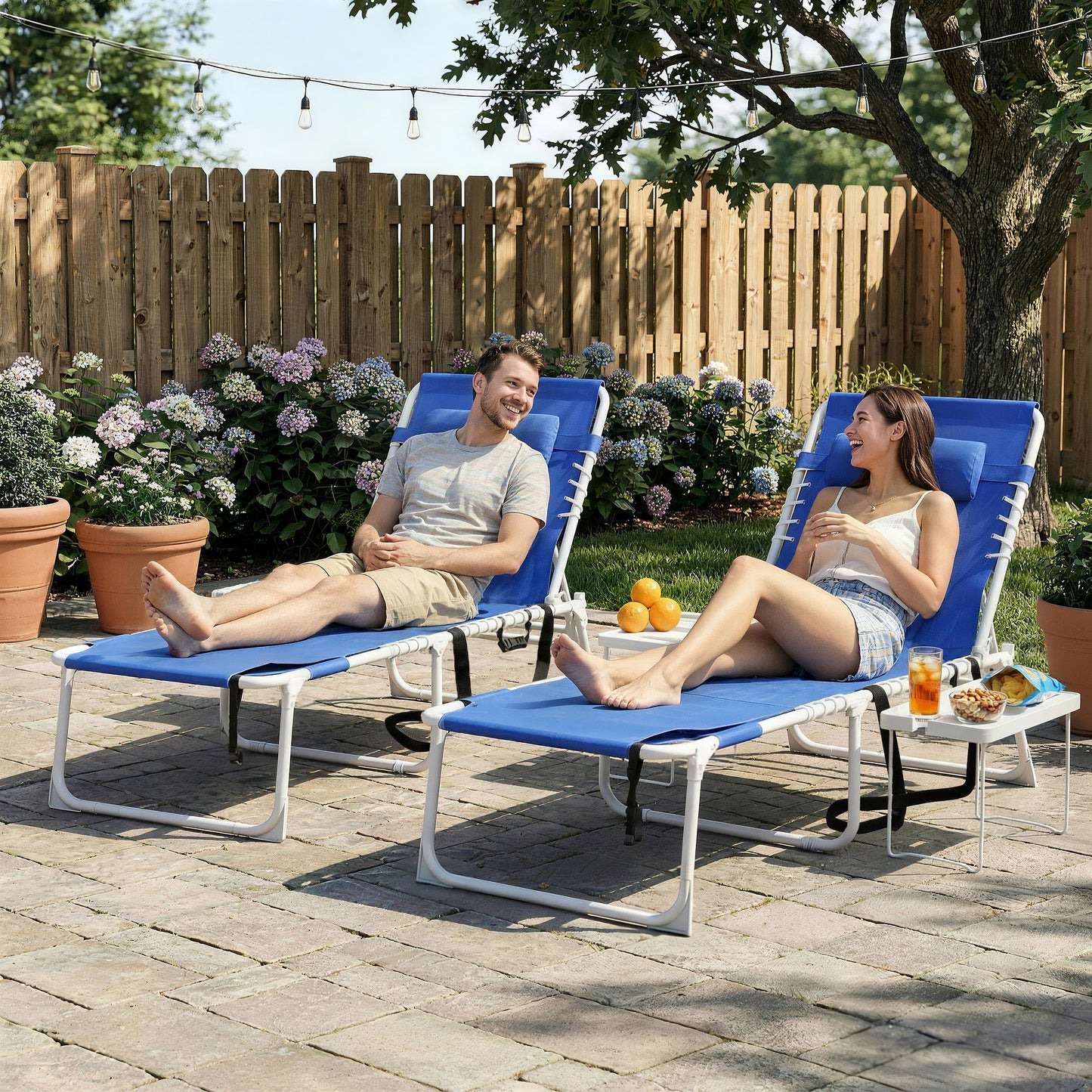 Folding Outdoor Chaise Lounge Chair Set with Side Table - Navy Blue