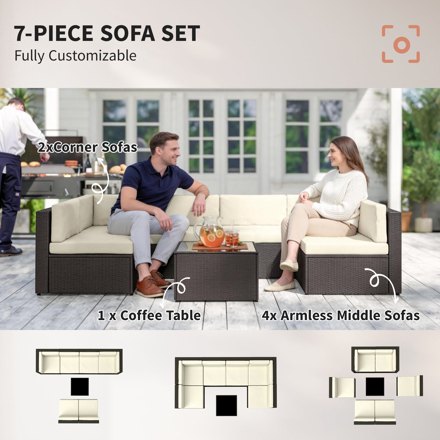 7-Piece Outdoor Rattan Sectional Sofa Set with Coffee Table - Cream White