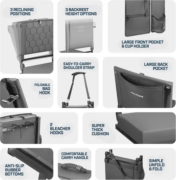 Folding Reclining Stadium Seat with Back Support - Grey