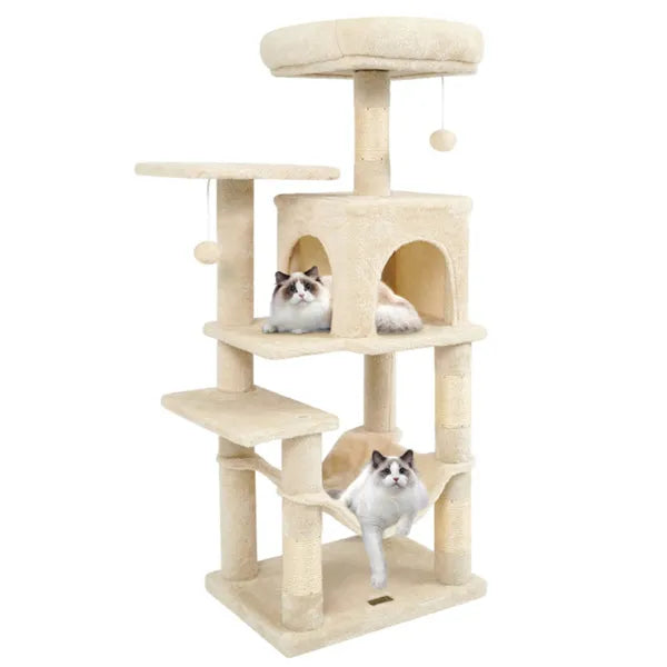 44-Inch Multi-Level Cat Tree with Top Perch, Condo & Hammock - Beige