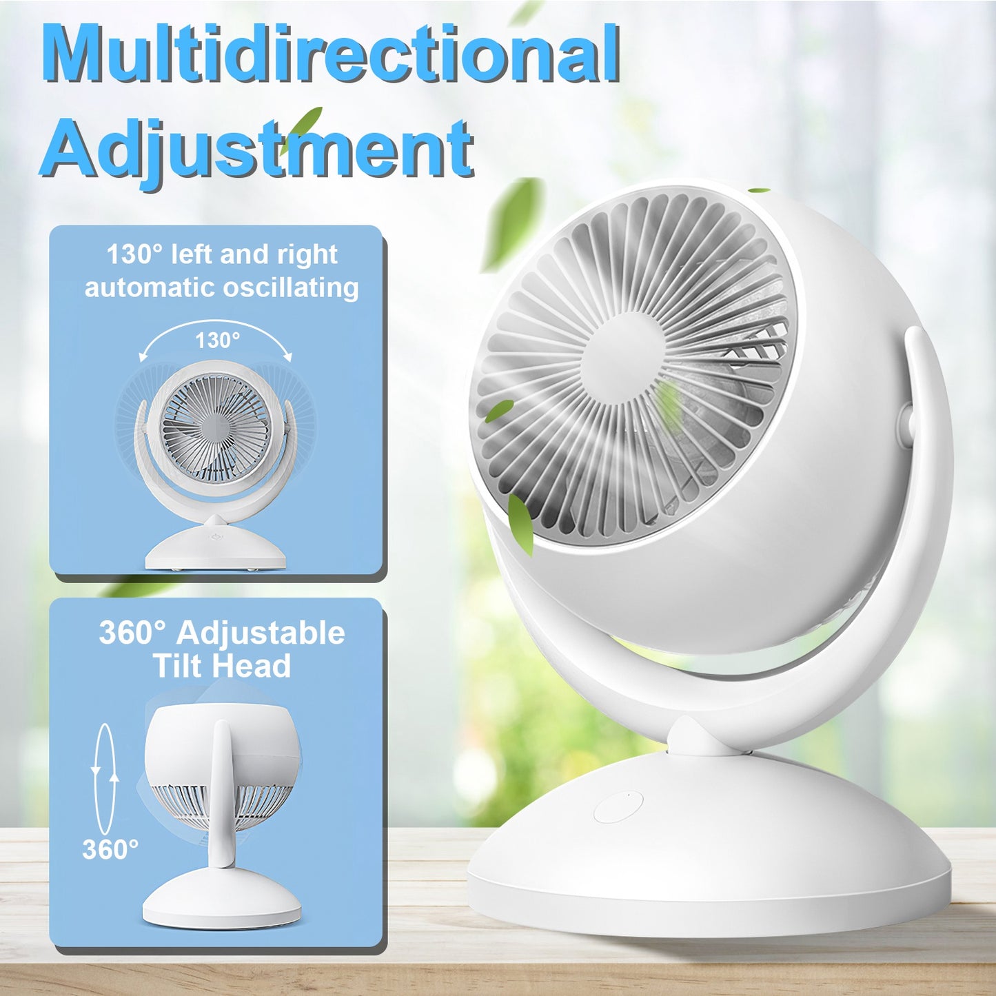 Portable Rechargeable Desk Fan with 4 Speeds & 360° Tilt - White