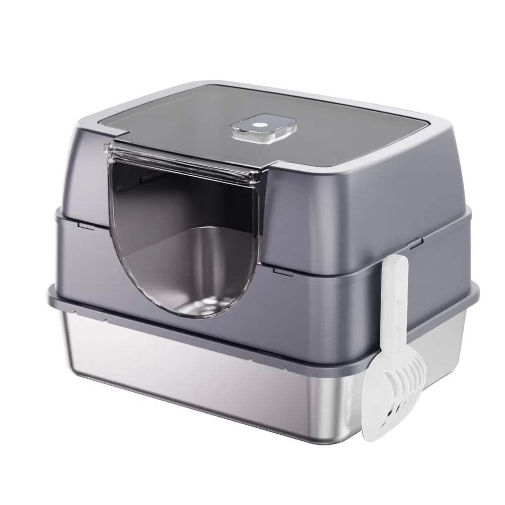 Enclosed Stainless Steel Cat Litter Box Odor Lock No Scatter Easy Clean White