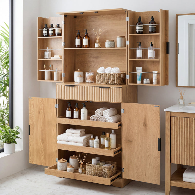72-Inch Fluted Kitchen Pantry Cabinet with 3 Drawers & 6 Shelves - Oak