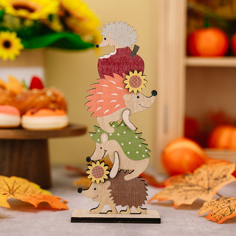 Harvest Season Wooden Christmas Ornaments Set - Hedgehog, Pumpkin, Apple & Doll Styles