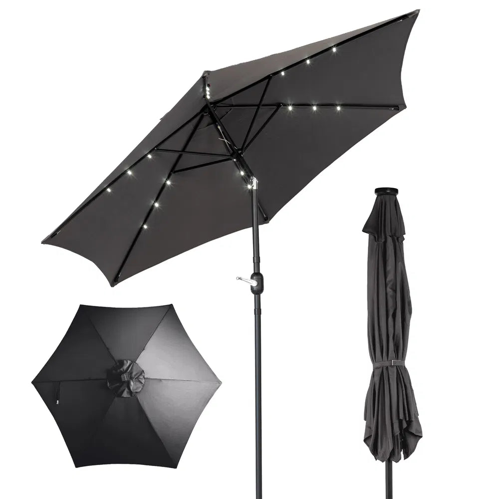 9ft Solar LED Patio Umbrella with Push Button Tilt & Crank - Gray
