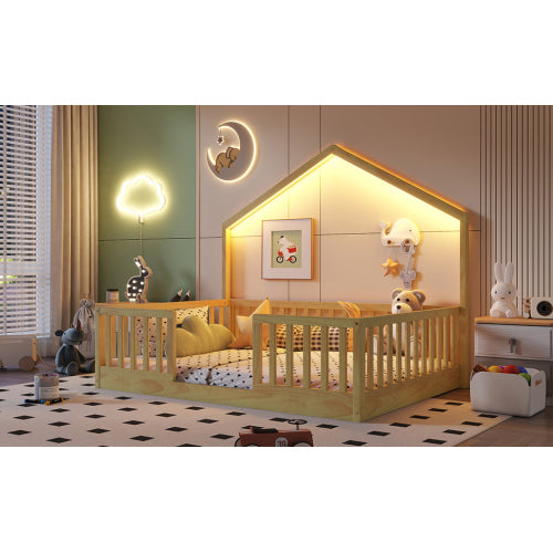 Full Montessori Floor Bed with High Rails & LED Light - Natural