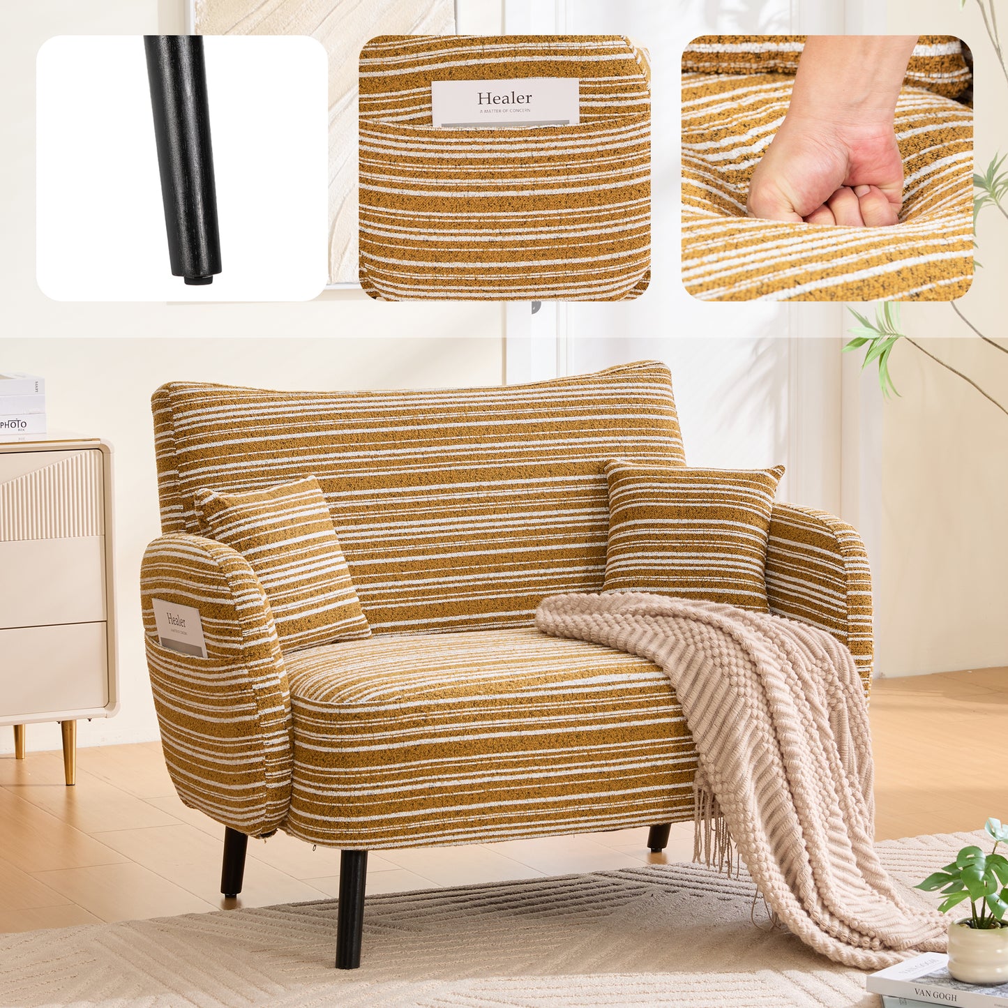 Modern Mustard Yellow Two-Seater Sofa with Storage Pockets