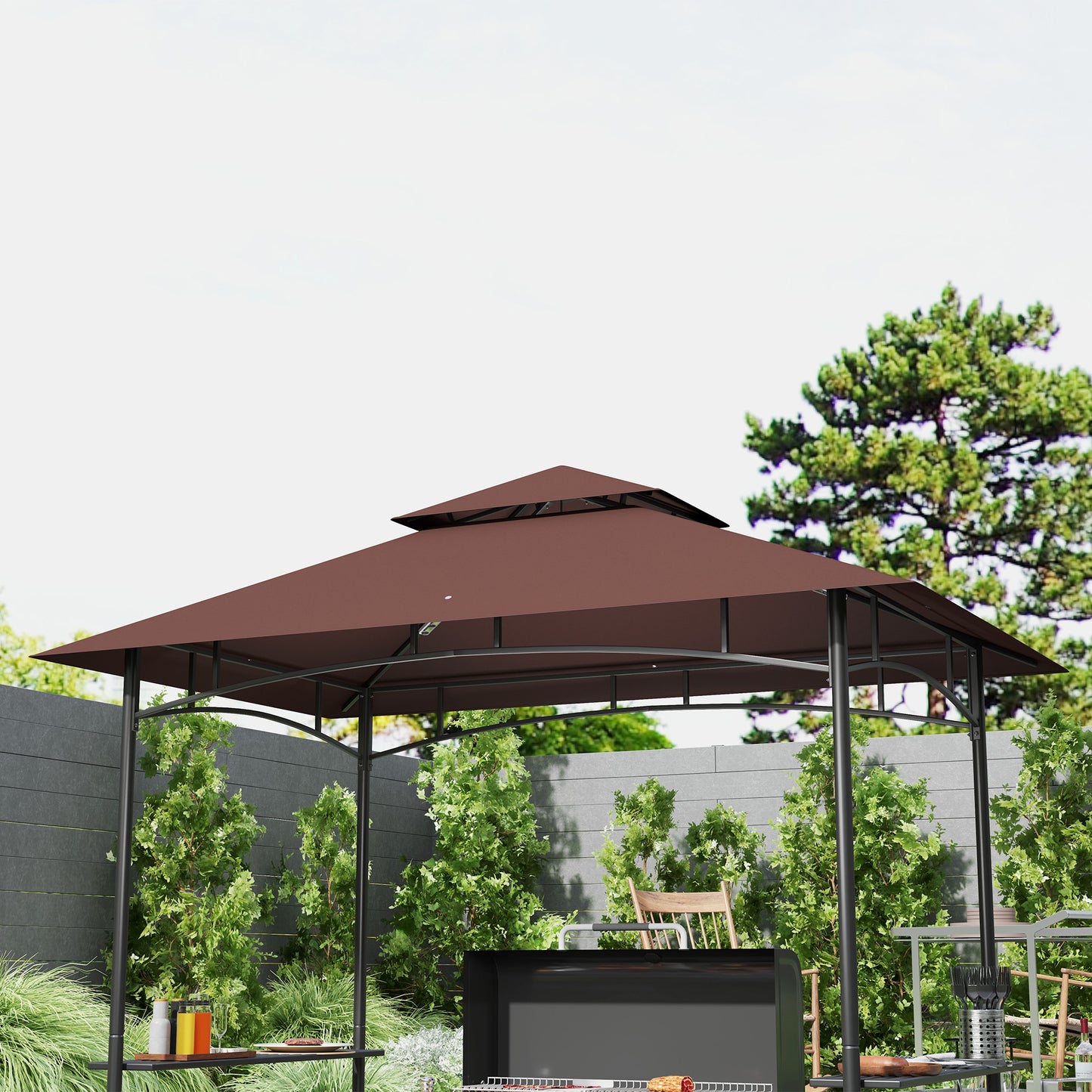 2-Tier BBQ Grill Gazebo with Side Shelves & Storage Baskets - Dark Brown