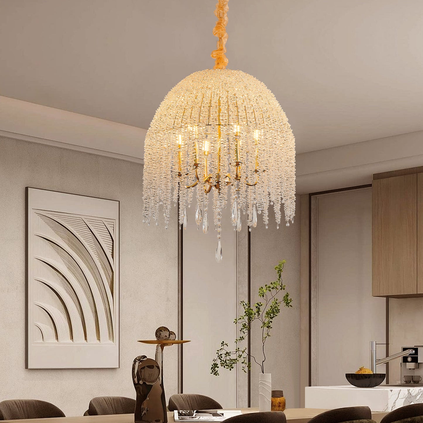 20-Inch K9 Crystal Pendant Light Chandelier - Waterfall Design in Gold