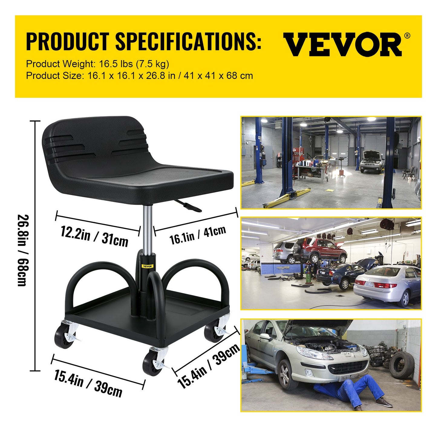 Adjustable Rolling Garage Stool - 300LBS Capacity, Tool Tray