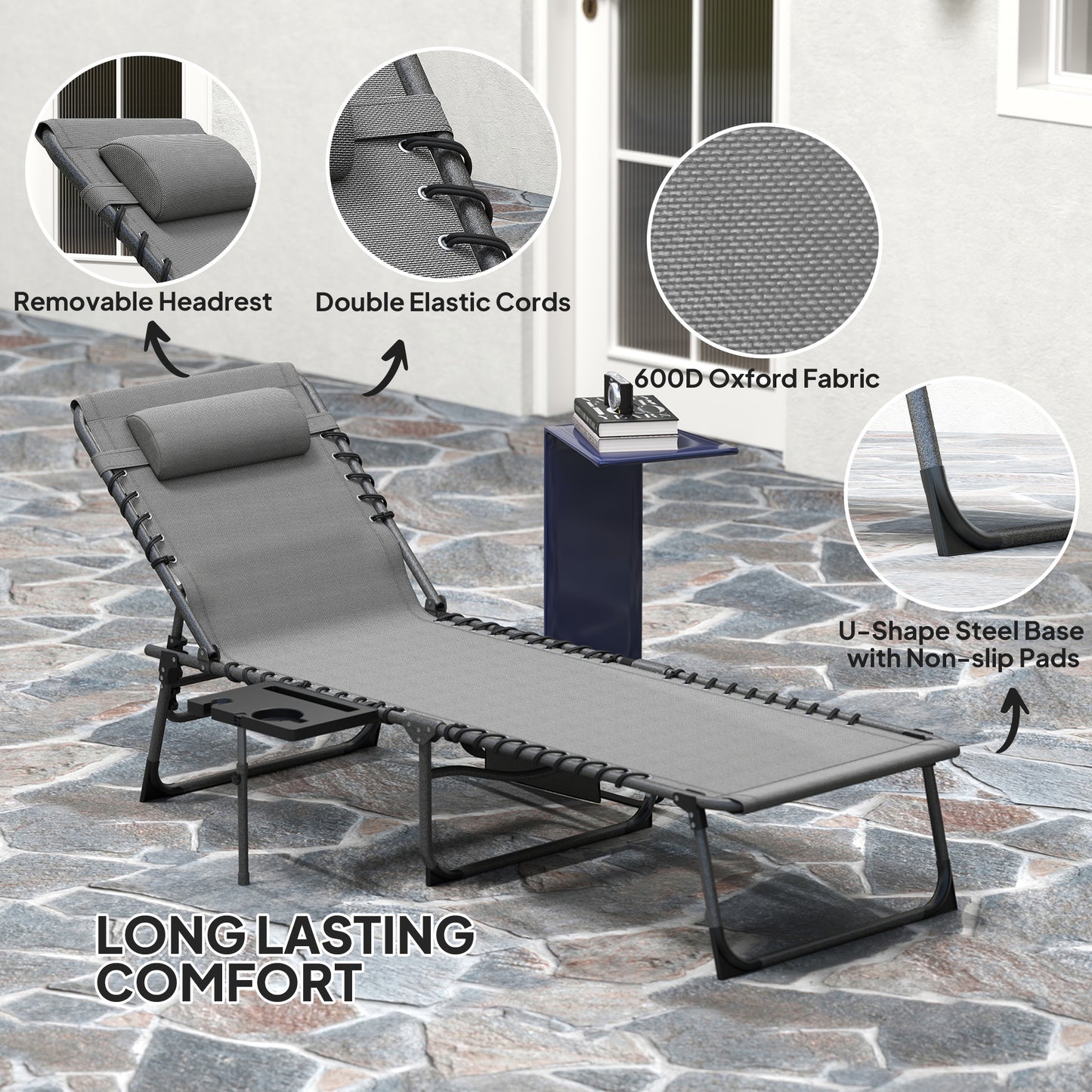 Folding Outdoor Chaise Lounge Chair with Adjustable Back & Side Table - Gray