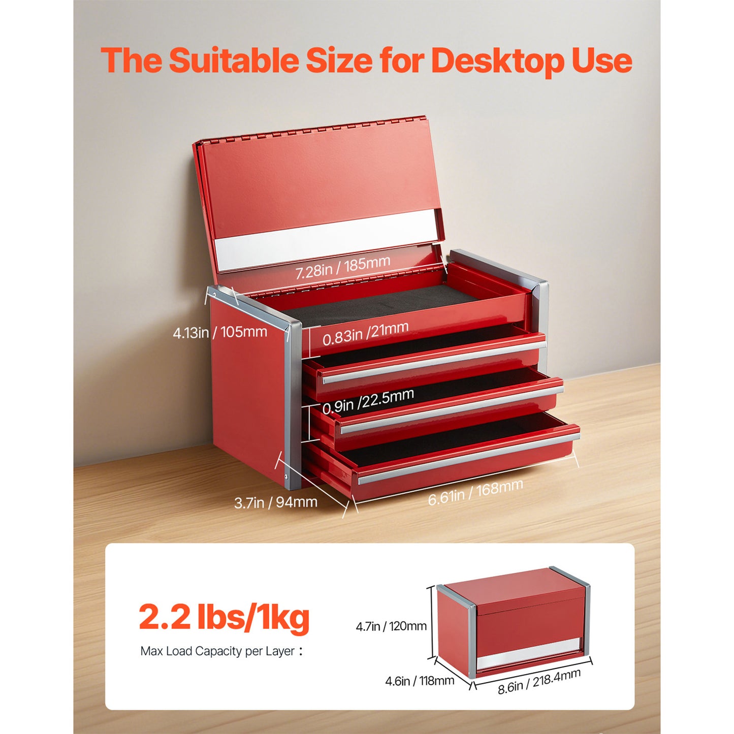 8.6-Inch Portable Metal Tool Box with 3 Drawers and Locking Lid