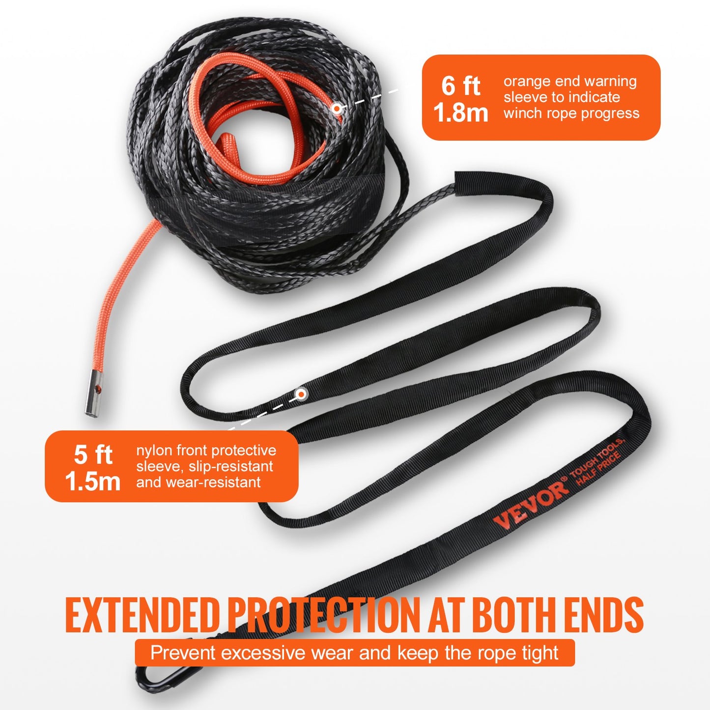 Synthetic Winch Rope 1/2 Inch x 92 Feet 32,000 Lbs with Hook & Sleeve for Off-Road Vehicles