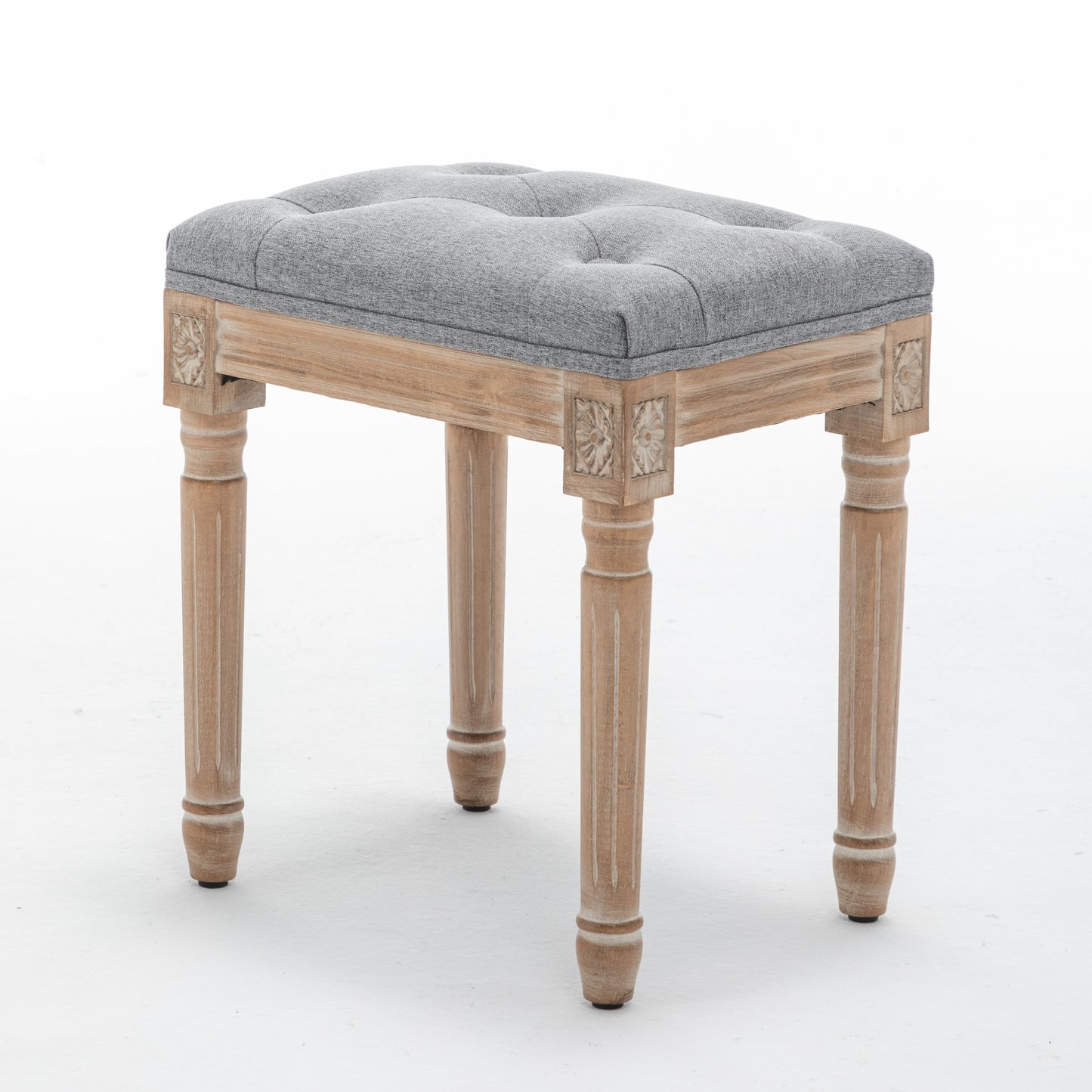 Grey Tufted Vanity Stool with Solid Wood Legs - Bedroom Bench
