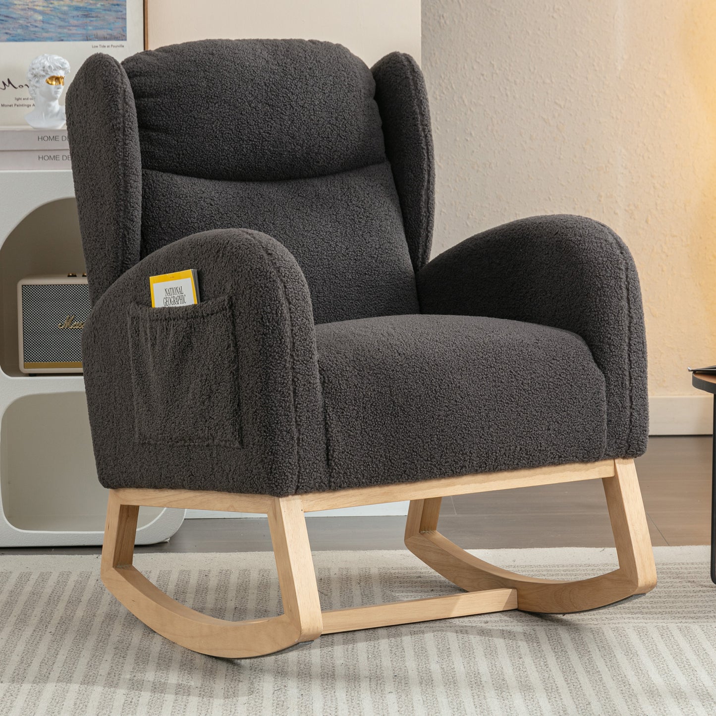 Modern Teddy Fabric Rocking Chair with Wood Legs - Dark Gray