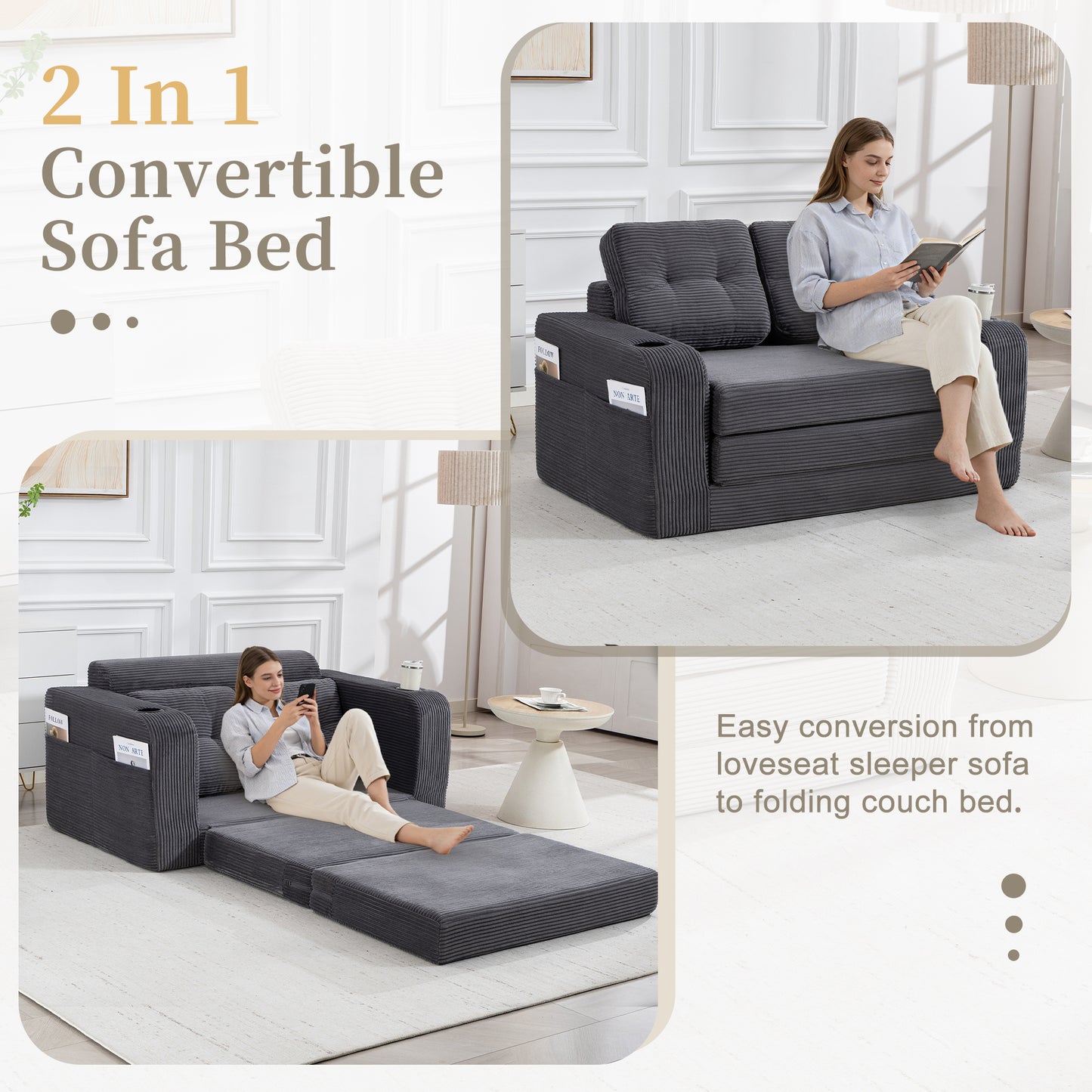Convertible Sofa Bed - 2-in-1 Fold Out Couch with Pillows - Gray