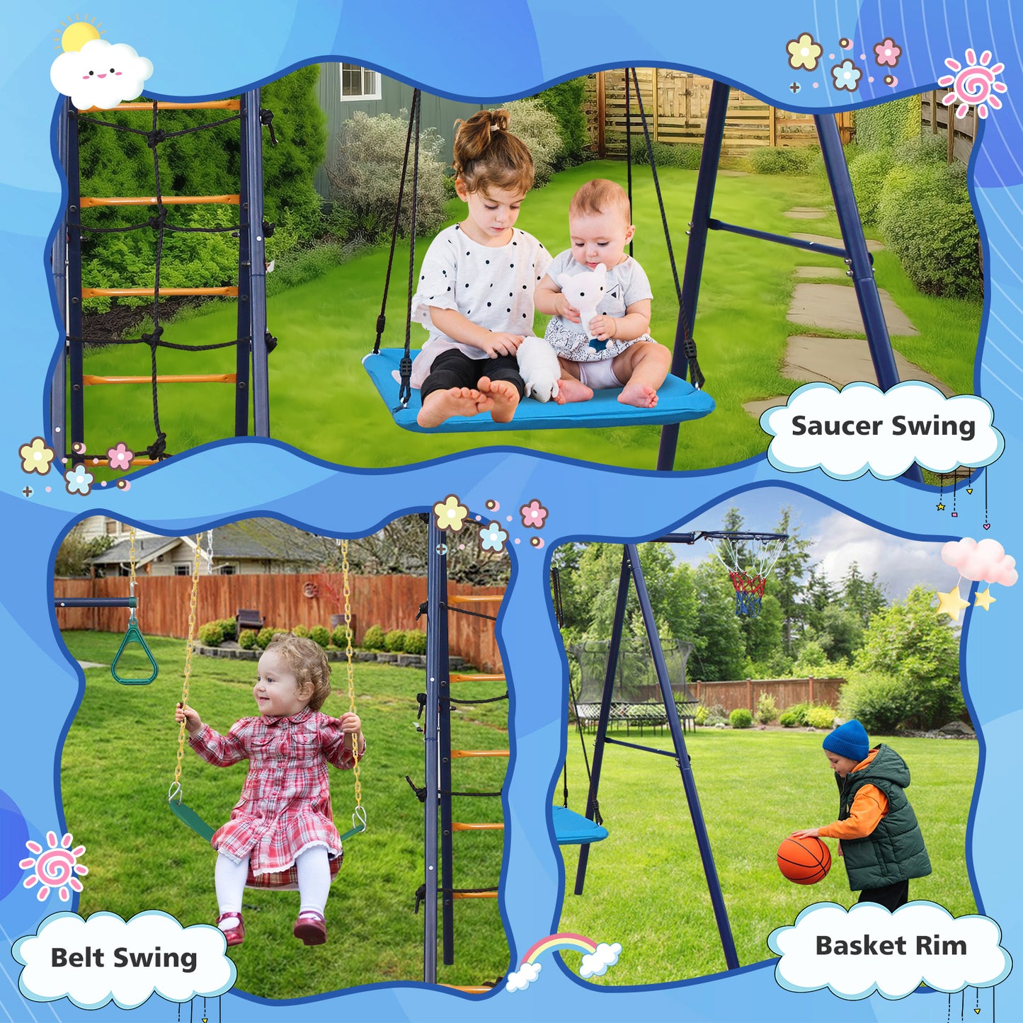 6-in-1 Swing Set with Climbing Ladder, Trapeze Bar & Hammock Swing