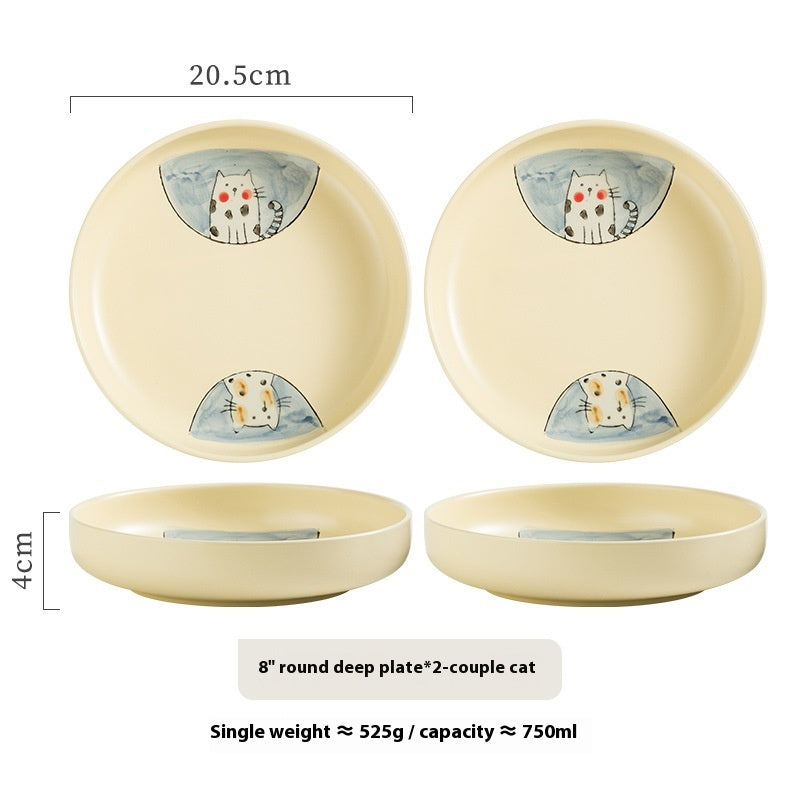 Ceramic Cat Plate Set - Deep Round Dinnerware for Home & Gift