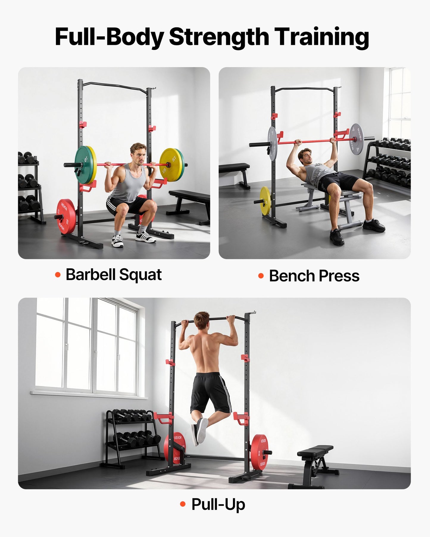 Power Cage Squat Rack with Adjustable J-Hooks & Safety Bars - 1000LBS Capacity