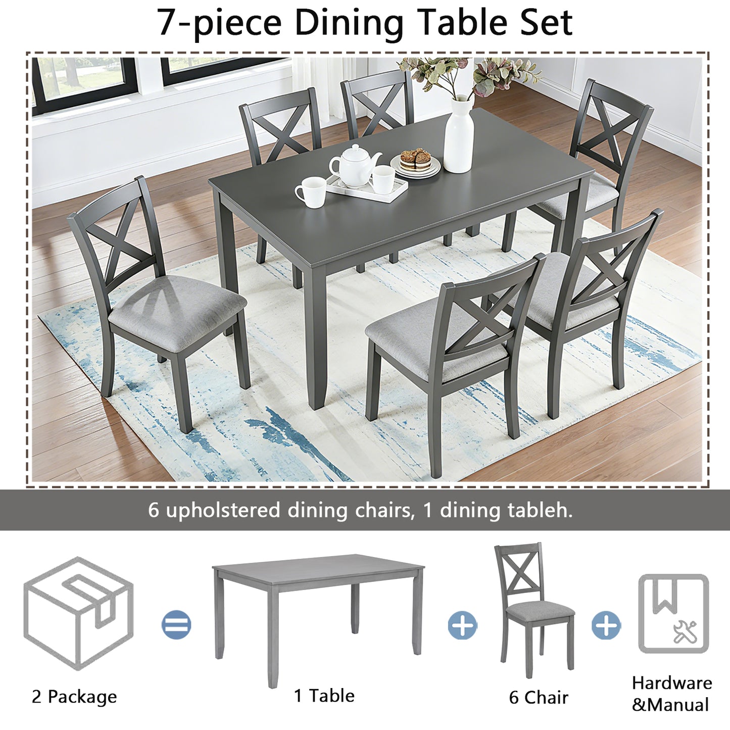 Modern 7-Piece Solid Wood Dining Table Set with 6 Chairs - Grey