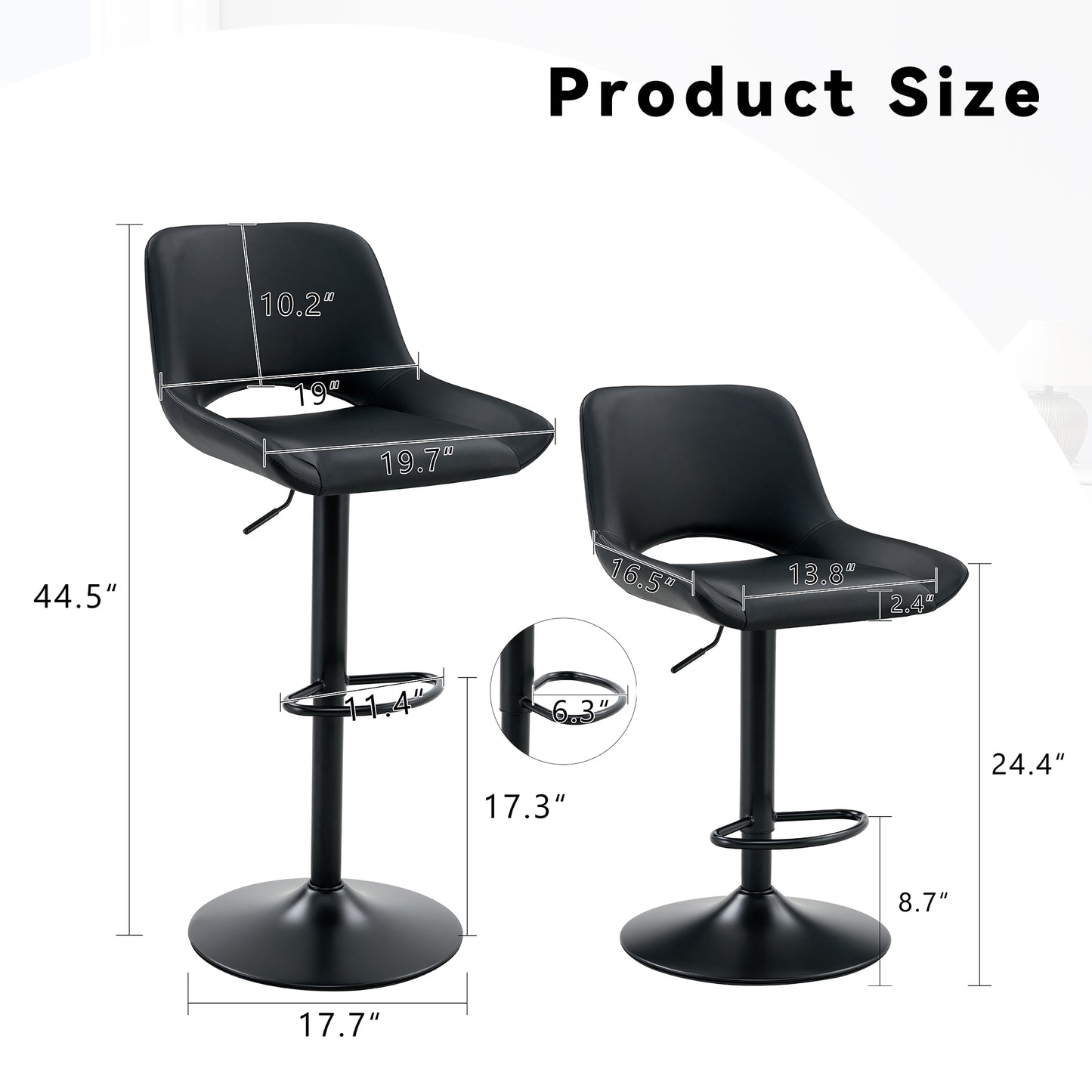 Modern Swivel Adjustable Bar Stools Set - 2 Pack, Black PU Material,