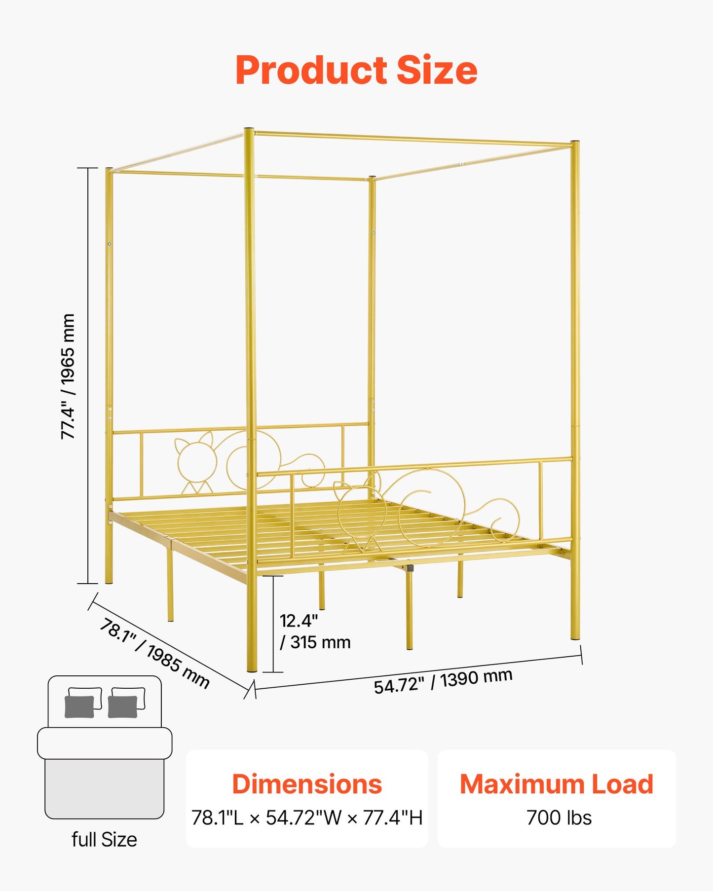 Full Size Metal Canopy Bed Frame with Storage, Heavy Duty Steel Support, Easy Assembly, Gold Finish