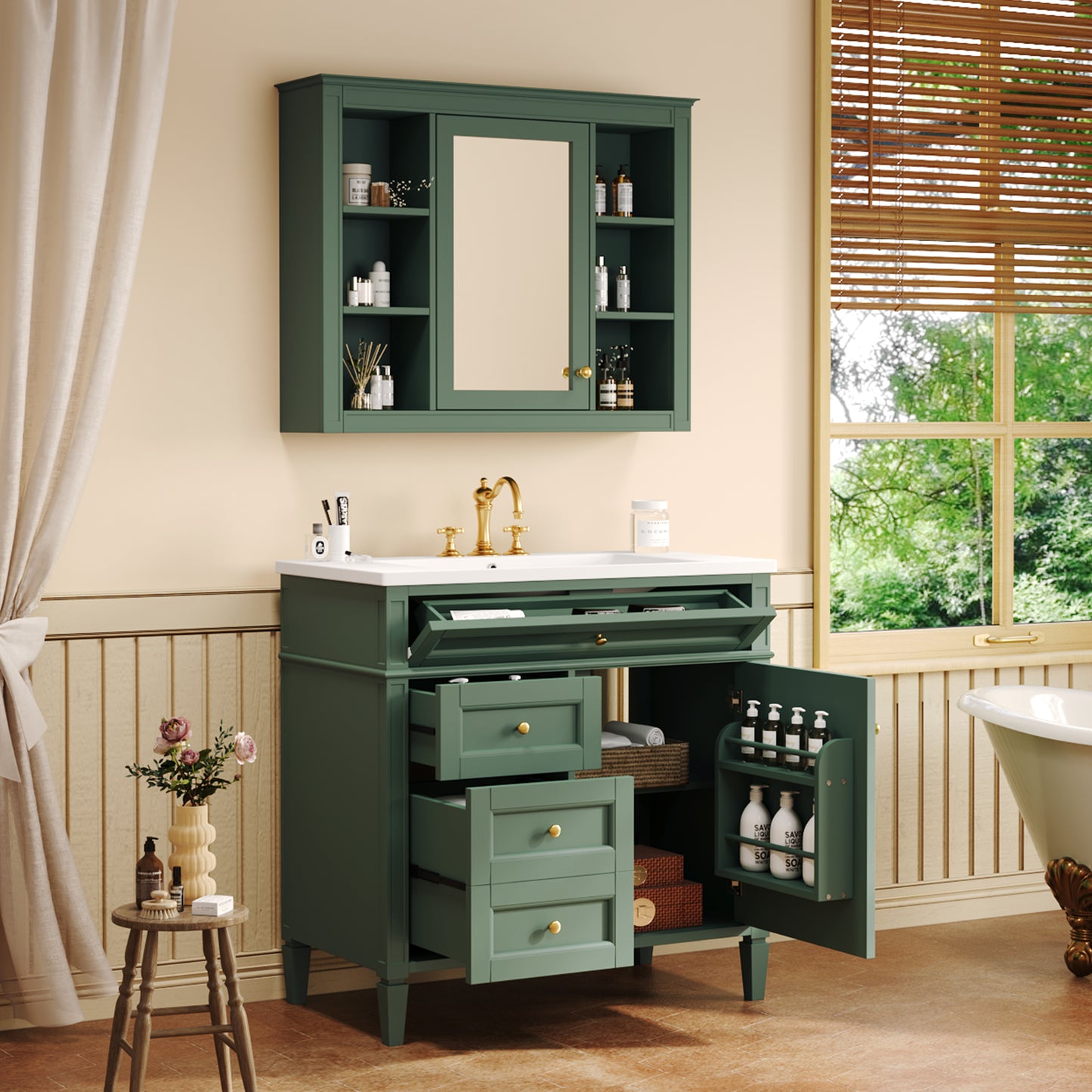 36'' Green Bathroom Vanity with Medicine Cabinet & Sink