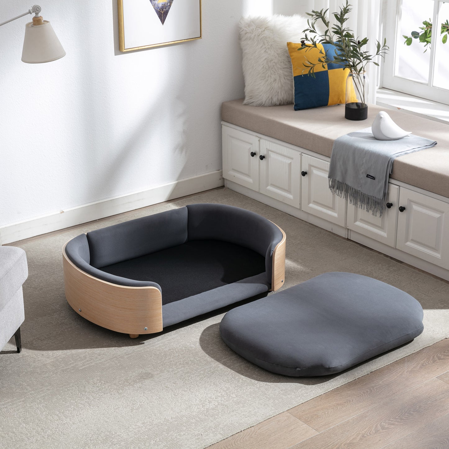 Large Scandinavian Style Elevated Dog Bed with Velvet Cushion and Solid Wood Legs