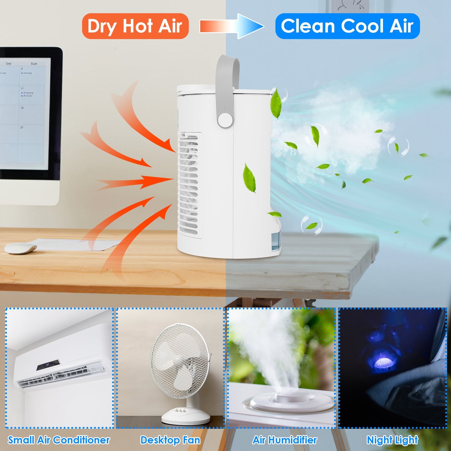 Portable Air Conditioner Fan with Humidifier & Night Light - White